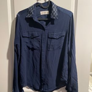 Blue Button up with Bedazzled Colar!